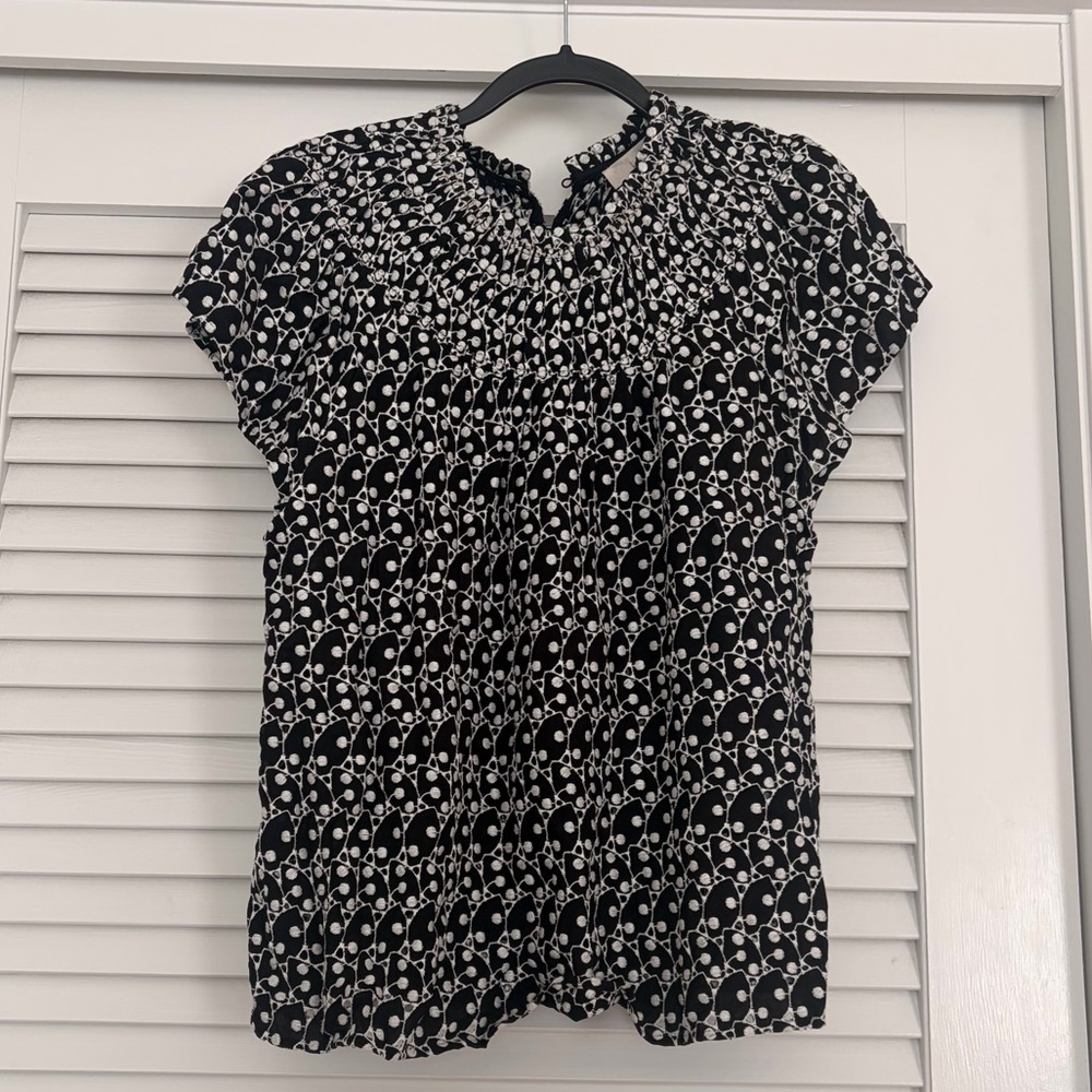 LOFT Black and White Smocked Neck  Blouse